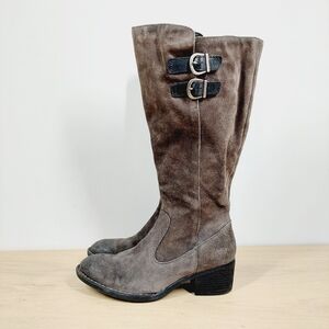 Børn Brown Suede Wide Calf Tall Boots with Double Buckle and Low Block Heel 150